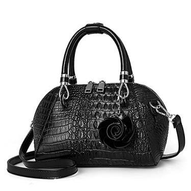 Imagem de Bolsa de mão feminina com alça superior de crocodilo médio bolsas transversais femininas retrô com zíper, Preto