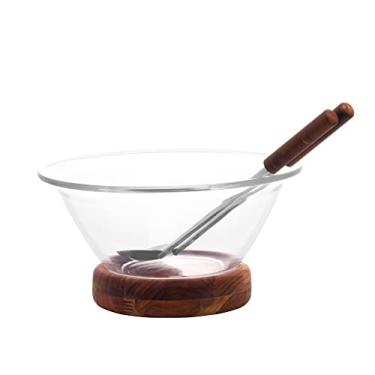 Imagem de Conjunto Saladeira de Cristal com Base em Madeira e Talheres Teca 26cm x 15cm - Wolff Craft