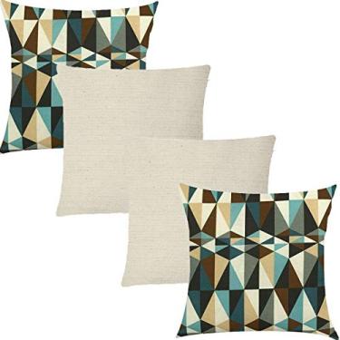 Imagem de Kit 4 Capas de Almofadas Composê Geométrico Azul com Marrom e Linho 45x45cm