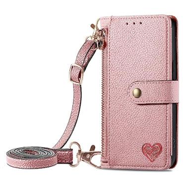 Imagem de Hee Hee Smile Capa flip para HTC U23 Pro carteira de couro Shell Love com corda longa para pendurar capa flip capa de telefone com zíper rosa
