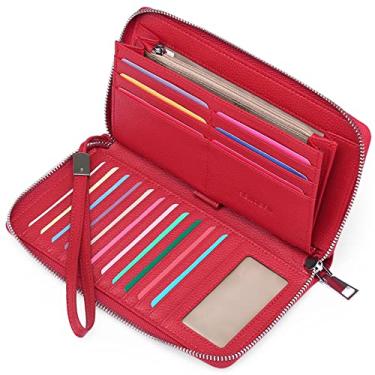 Imagem de SENDEFN Carteira grande de couro com bloqueio de RFID e zíper para mulheres, porta-cartão de crédito, porta-mão para telefone com bolso com zíper, Zíper único - vermelho natural -