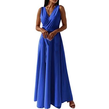 Imagem de UIFLQXX Vestido longo feminino plus size, casual, sem mangas, cintura alta, vestido boêmio, vestido de noite, vestido pequeno, Azul, G