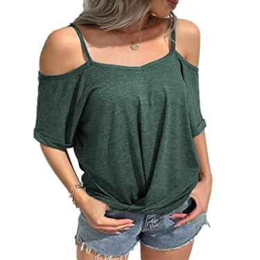 Imagem de Camisola de Verão, Casual, Solta, Respirável, Cor Pura, Ombro de Fora, Camiseta para Compras para Mulheres (XL)
