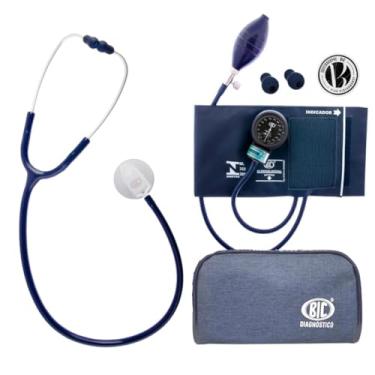 Imagem de Kit Enfermagem Acadêmico Azul Bic Estetoscópio Unisson Standard + Esfigmomanômetro Aparelho de Pressão Fecho de Contato
