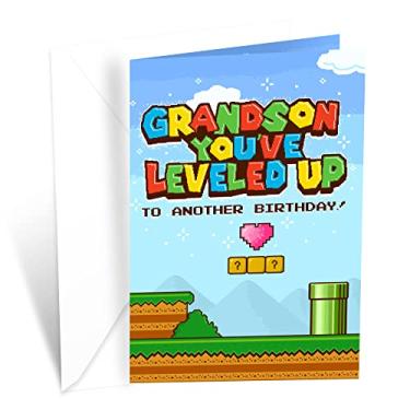 Imagem de Prime Greetings Tema de videogame de cartão de aniversário de neto, feito nos EUA, ecológico, cartolina grossa com envelope premium 12,7 cm x 19,7 cm, embalado em caixa de proteção