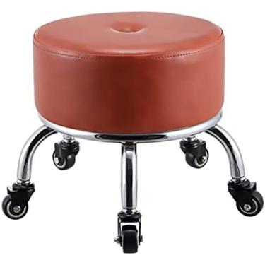 Imagem de Tamborete baixo rolante redondo de couro PU com 5 rodas, estofamento de assento grosso, banco baixo doméstico multifuncional para pedicure e esfregar o chão, vermelho1