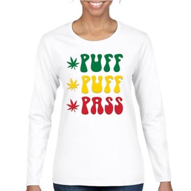 Imagem de Camiseta feminina manga longa Puff Puff Pass 420 Weed Lover Pot Leaf Smoking Marijuana Legalize Cannabis Funny High Pothead, Branco, M