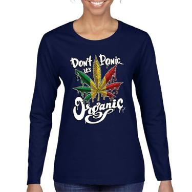 Imagem de Camiseta feminina de manga comprida Don't Panic It's Organic 420 Weed Pot Leaf Smoking Marijuana Legalize Cannabis Stoner Pothead, Azul marinho, GG