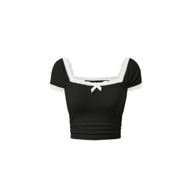 Imagem de Milumia Lindas camisetas femininas de manga curta com acabamento em renda franzida gola quadrada, Preto, 14 Anos