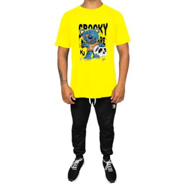 Imagem de Kit Conjunto Masculino Camiseta Algodão e Calça Moletom Casual Estampado Urso Azul (Amarelo, M)