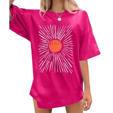 Imagem de Camiseta feminina grande com estampa de sol vintage estampa de sol, camisetas de caminhada, boho, verão, manga curta, rosa, XXG