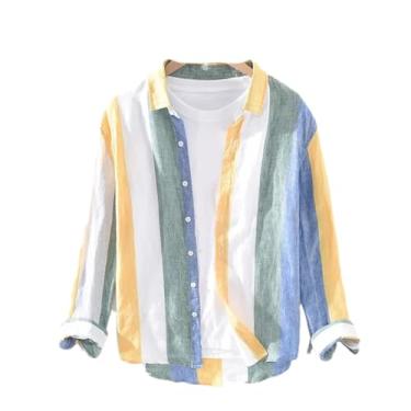 Imagem de BoShiNuo Camisetas masculinas listradas primavera e outono linho sólido respirável confortável manga longa roupas masculinas, Amarelo, GG