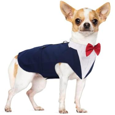 Imagem de PUMYPOREITY Terno de smoking de gravata borboleta para cães, smoking de gato, roupa de casamento para cães - 2 peças/pacote, M, azul