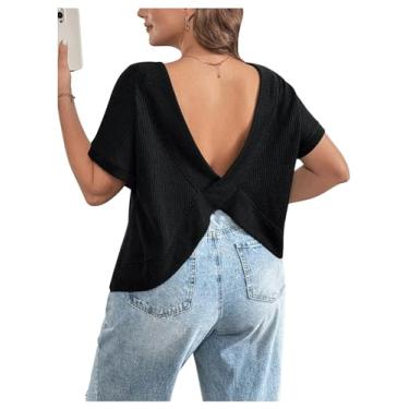 Imagem de MakeMeChic Camiseta feminina plus size com abertura nas costas, casual, manga curta, malha waffle, Preto, 3G Plus Size