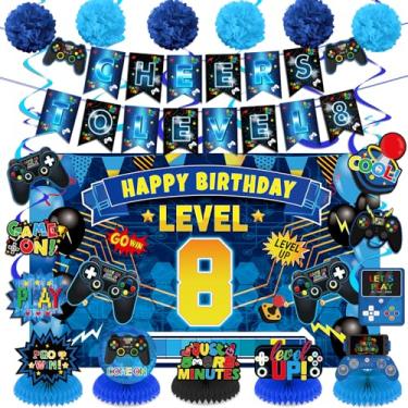 Imagem de Decorações de banner de aniversário de videogame centros de mesa em forma de favo de mel redemoinhos para meninos brinde a aniversário suprimentos de cabine de fotos (azul preto 8º aniversário)