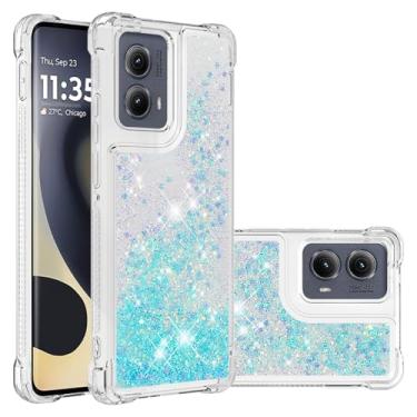 Imagem de Asdsinfor Capa para Moto Edge 2024 5G, Glitter Liquid Cute Clear Flowing Quicksand TPU com cinto anti-queda bumper canto capa de proteção à prova de choque para Motorola Edge 2024 5G Silver Blue Star
