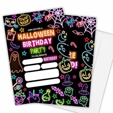 Imagem de Convites de festa de Halloween para aniversário - 25 cartões de convite neon preenchidos com envelopes, abóboras, esqueletos, fantasmas e morcegos, convites de aniversário para crianças adolescentes,