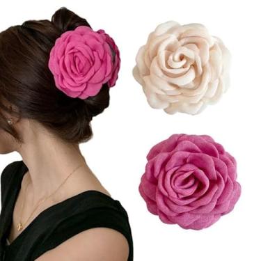 Imagem de iRIIRIO 2 peças de grampos de cabelo grandes com flores de rosa tecido flor havaiana de seda acessórios de cabelo para mulheres meninas (rosa vermelha, bege)
