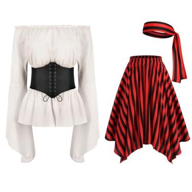 Imagem de IMEKIS Pirate Costume Women: Adult Halloween Costumes Woman 2024 Renaissance Pirate Blouse Tops Corset Waist Belt Pirate Skirt Red and Black Striped Headscarf Party Dress Up Cosplay White Large
