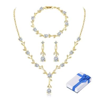 Imagem de Juicfru Conjunto de joias de prata de casamento para mulheres, colar de zircônia cúbica, brincos e pulseiras, para noiva e casamento, bijuteria para dama de honra, Cobre, Strass