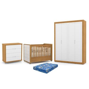 Imagem de Dormitório Tutto New 4 Portas, Cômoda 4 Gavetas e Berço com Capitonê e Colchão Physical - Matic Móveis