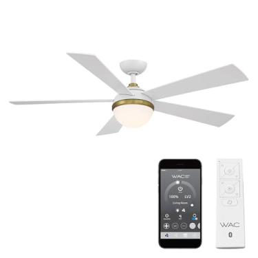 Imagem de Ventilador de teto WAC Smart Fans Eclipse para ambientes internos e externos, 5 lâminas, casa inteligente, 54 polegadas, latão acetinado, branco fosco, com kit de luz LED 3000K e controle remoto