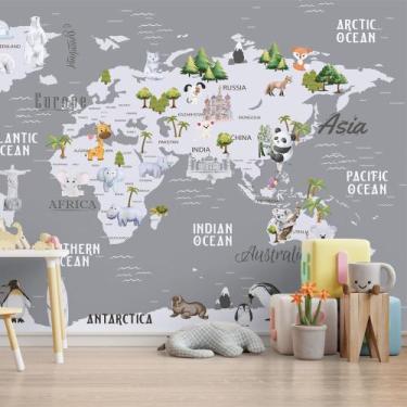 Imagem de Papel de Parede Foto Mural Mapa Mundi Infantil com Animais Autocolante