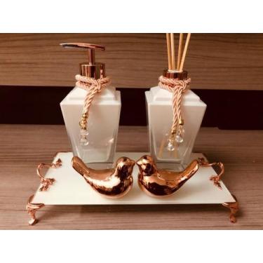 Imagem de Kit Lavabo Rose Gold Branco Sabonete Difusor Enfeite Luxo - Ateliê Cri