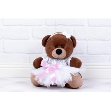 Imagem de PELUCIA URSO TEDDE 15 CM - DAMINHA CETIM BRANCO (PELUCIA MARROM - DETALHE ROSA)