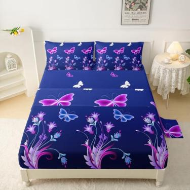 Imagem de QOOMO Jogo de lençol casal com estampa de borboleta colorida, flor roxa de sonho, 4 peças, com 1 lençol com elástico, 1 lençol de cima, 2 fronhas, macio e respirável
