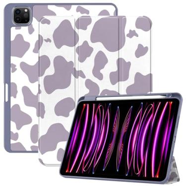 Imagem de Deokke Capa compatível com iPad Pro de 11 polegadas, 3ª/2ª/1ª geração (2021/2020/2018) com suporte de lápis e capa traseira de TPU, capa de hibernar/despertar automática/suporta iPad 2º carregamento de lápis - padrão de vaca roxa