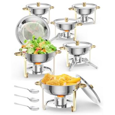 Imagem de Conjunto de buffet de pratos de fricção de 5QT, conjuntos de chafers e aquecedores de aço inoxidável redondos NSF com tampa e suporte de tampa, colher e pinça para eventos de catering, festas,