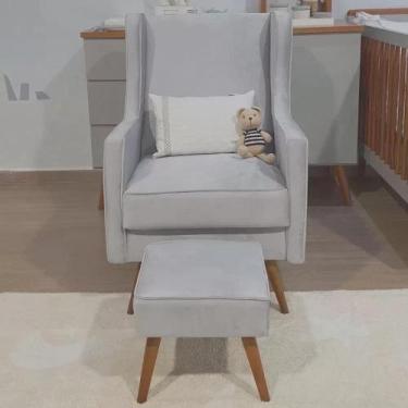 Imagem de Poltrona Amamentação Aquila com Puff Quadrado Pés Madeira Linho Cinza 