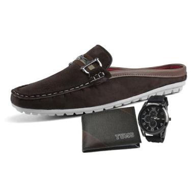 Imagem de  Mocassim Mule Masculino Em Camurça Café LA FAIRE Com Carteira Slim TU