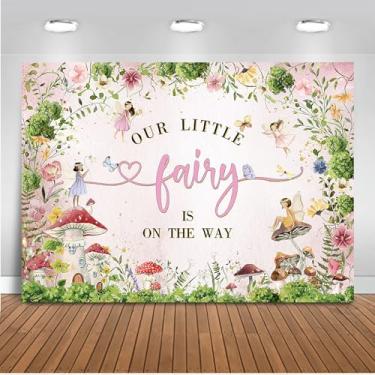 Imagem de Mocsicka Pano de fundo de chá de bebê de fadas Our Little Fairy is On The Way, fundo de chá de bebê, conto de fadas, país das maravilhas princesa, decoração de festa para meninas (rosa, 2,1 x 1,5 m)