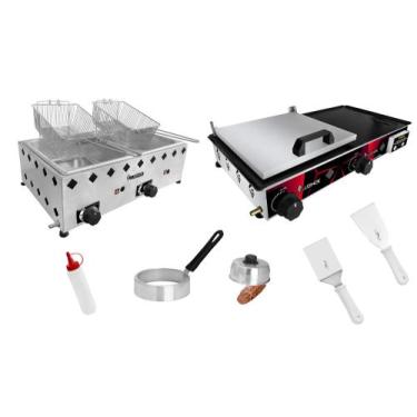 Imagem de Combo Chapa 60x30 com prensa + 6 Acessórios + Fritadeira 2 cubas inox 