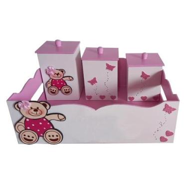 Imagem de Kit Higiene Bebê MDF 4 Peças Cesta Organizadora Ursinha Rosa - Canaã A