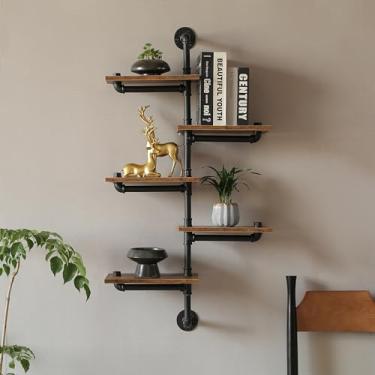 Imagem de BOTAOYIYI Prateleiras de tubos industriais, prateleiras para tubos com tábuas de madeira, prateleiras flutuantes de canto montadas na parede, prateleira industrial rústica retrô para bar, cozinha,