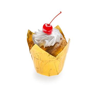 Imagem de Copos para assar pétalas de 34 g, 200 formas de tulipa resistentes à graxa – em forma de tulipa, seguro para forno, papel dourado descartável, para festas e casamentos, mini – Restaurantware