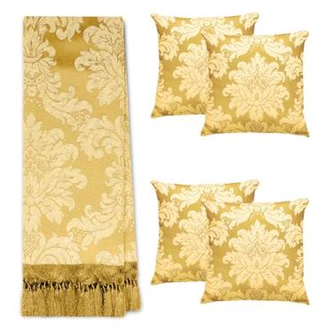 Imagem de Jogo Manta Xale para Sofá Artesanal com Franjas Grande 3 Metros e 4 Capas de almofadas (02 DOURADO E OFF WHITE)