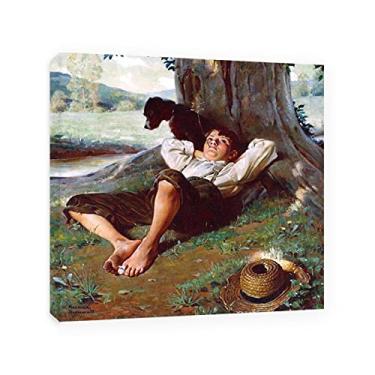 Imagem de JZSDGB Norman Rockwell Prints-Canvas Print Wall Art Famous Painting - "Barefoot Boy Daydreaming", reprodução de arte, pôsteres, para decoração de parede de sala de estar, 60 x 60 cm (24 x 24 pol), sem