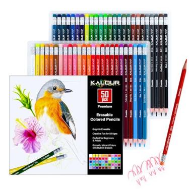 Imagem de KALOUR Conjunto de lápis de cor apagáveis de 50 cores – fácil de apagar, lápis de colorir vibrantes e suaves com borrachas – Ideal para desenhar, esboçar e colorir livros – Perfeito para adultos