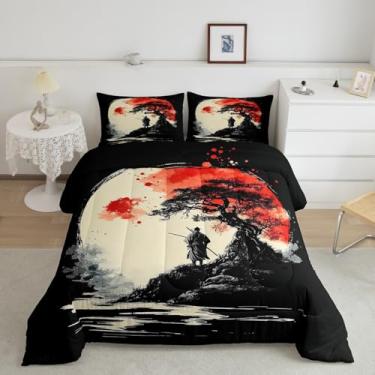Imagem de Feelyou Conjunto de edredom de samurai japonês, tamanho casal, guerreiro, lua, árvore, bushido, respirável, japonês, Ukiyoe, conjunto de edredom para decoração de quarto