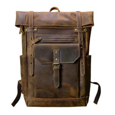 Imagem de Mochila de couro genuíno vintage para homens retro mochila saco de viagem mochila masculina de grande capacidade