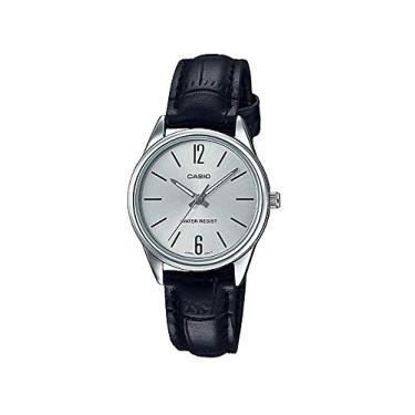 Imagem de Casio LTP-V005L-7B Relógio feminino analógico padrão de couro preto com mostrador prateado, Prata, Movimento de quartzo