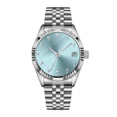 Imagem de Boyarca Relógios mecânicos de aço de luxo, números árabes, movimento automático, números urdu, relógio mecânico de 38 mm, com data luminosa à prova d'água, Branco, azul