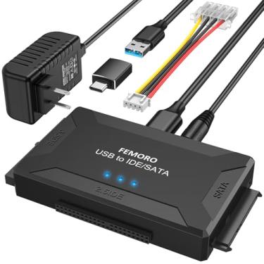 Imagem de FEMORO Leitor de disco rígido IDE SATA para USB 3.0 + adaptador USB C, kit conversor de recuperação de dados ultra 3 em 1 com fonte de alimentação 12V/2A para SSD interno de 2,5 polegadas HDD de 3,5