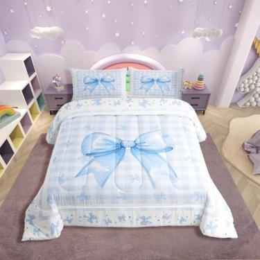 Imagem de Erosebridal Conjunto de edredom infantil com laço de fita azul, estampa kawaii, xadrez, com laço e laço feminino, com laço e laço fofo, para decoração de quarto, 2 fronhas