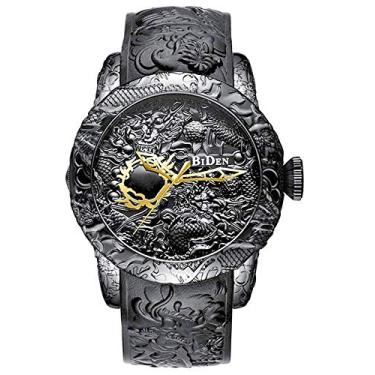 Imagem de CARLIEN Relógio de pulso masculino preto com dragão gravado em 3D à prova d'água, mostrador grande, pulseira de borracha preta, relógio de pulso esportivo