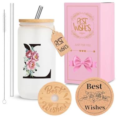 Imagem de HWJH Copo de vidro inicial personalizado para mulheres - copo de vidro à prova de vazamento de 473 ml com tampa e canudos, conjunto de presente monogramado, copo reutilizável fosco fosco para café,